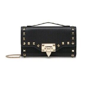 Valentino Garavani Black Rockstud Grained Leather Detachable Stap Shoulder Bag